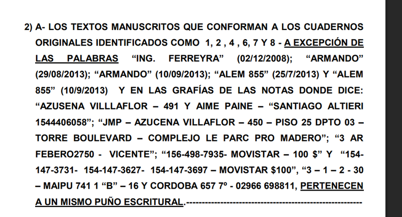 La pericia de Gendarmería que indicó adulteraciones, correcciones y agregados en los cuadernos que mencionan a Loson y a Ferreyra. 