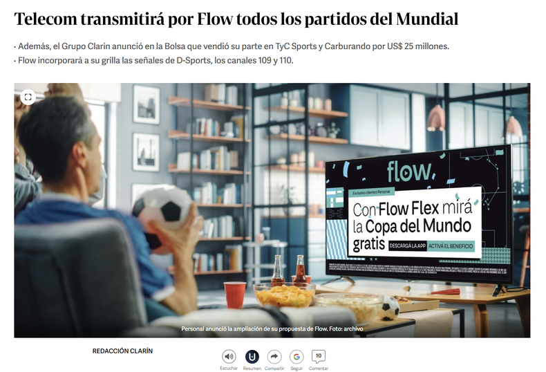 Así informó Clarín sobre la venta de TyC Sports: lo importante es que el Mundial se verá por Flow.