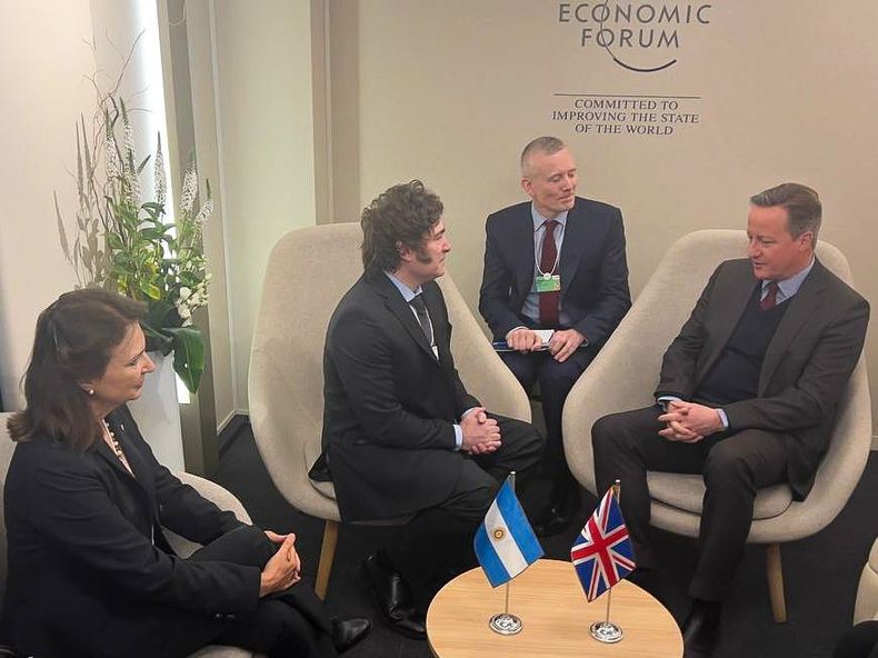 Diana Mondino, Javier Milei y David Cameron.