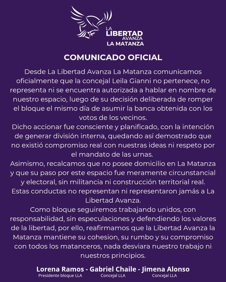 Comunicado de La Libertad Avanza.