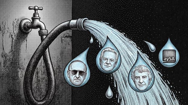 Roggio, Filiberti y Walter Román se disputan la privatización de AYSA. (Imagen generada con IA).