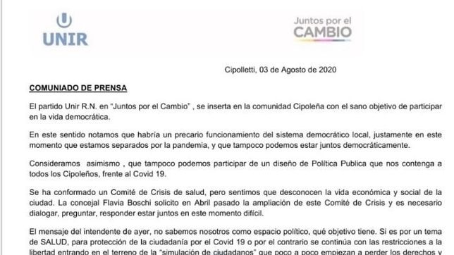 unir discute la realidad de cipolletti y blanquea su ingreso a cambiemos