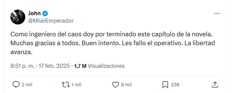 Después de la entrevista en TN, la cuenta atribuida a Santiago Caputo dio por terminada la crisis. 