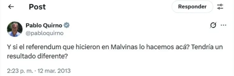 Viejos posteos muestran a Pablo Quirno como un hombre poco consustanciado con la causa Malvinas. El pasado lo condena, el presente lo encuentra más razonable. Viejos posteos muestran a Pablo Quirno como un hombre poco consustanciado con la causa Malvinas. El pasado lo condena, el presente lo encuentra más razonable.