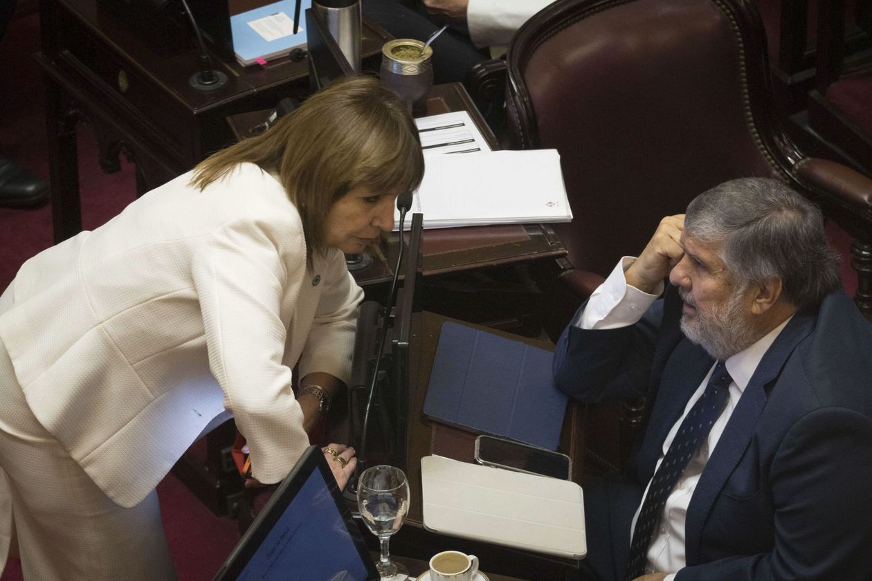 Patricia Bullrich y José Mayans, durante el debate del Senado sobre acuerdo Mercosur-Unión Europea.&nbsp;