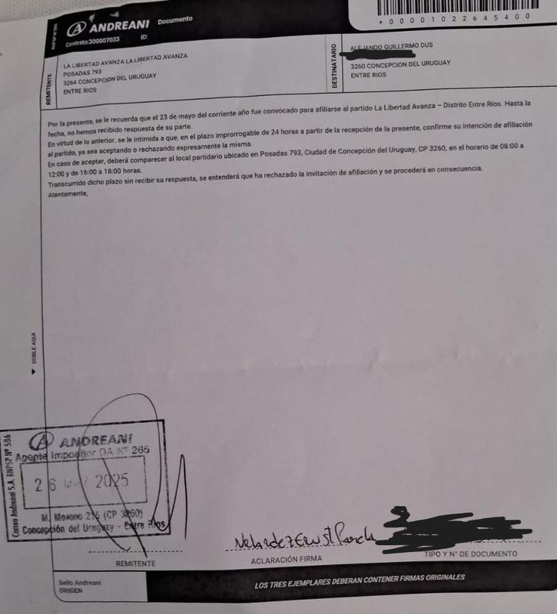 La conducción de La Libertad Avanza en Concepción del Uruguay envió cartas documento a los concejales de su partido para que se afilien al partido.