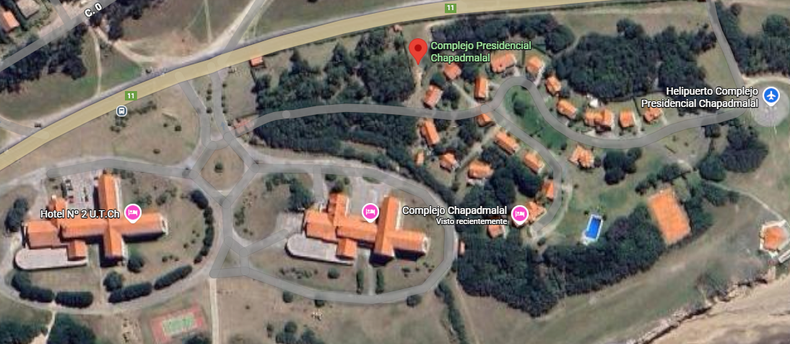 Vista aérea del complejo Chapadmalal. A la izquierda están los hoteles y a la derecha los edificios de la residencia presidencial. 
