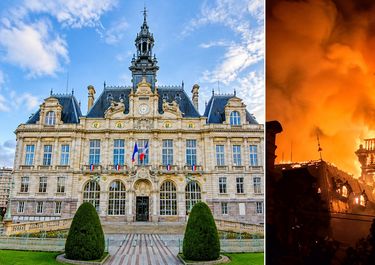 El Ayuntamiento de la ciudad francesa de Limoges, un edificio construido en 1883 y declarado monumento histórico en 1975, antes y después de que un incendio provocado lo devorara y terminara por hacer colapsar su campanario.