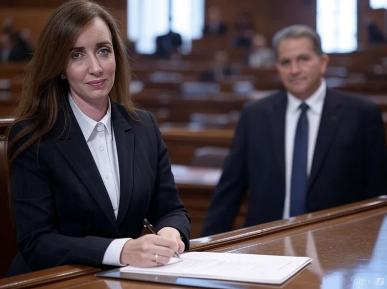 Victoria Villarruel firmando el traspaso de mando. (Imagen generada por inteligencia artificial).