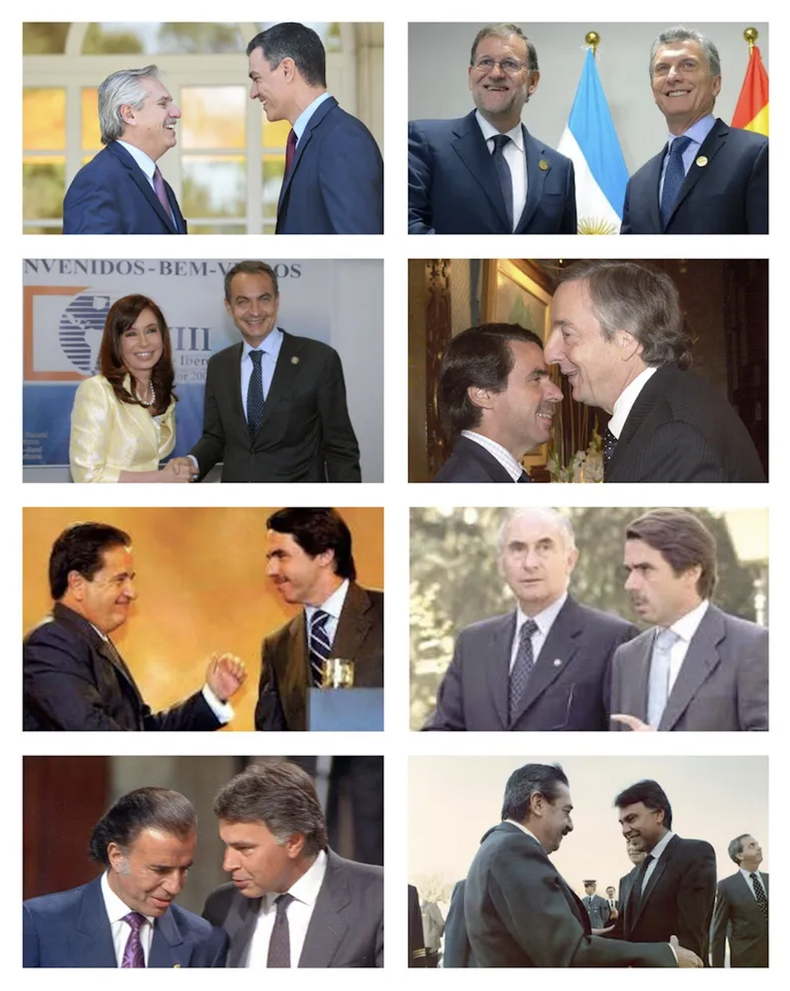 Alberto Fernández con Pedro Sánchez y Mauricio Macri con Mariano Rajoy, pero también Néstor Kirchner con José María Aznar y Carlos Menem con José Luis Rodríguez Zapatero. 