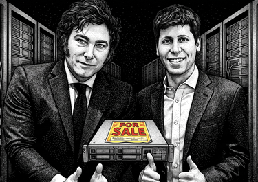 Javier Milei y Sam Altman. Para el zar de la IA, el súper-RIGI es una fiesta (imagen generada con inteligencia artficial).