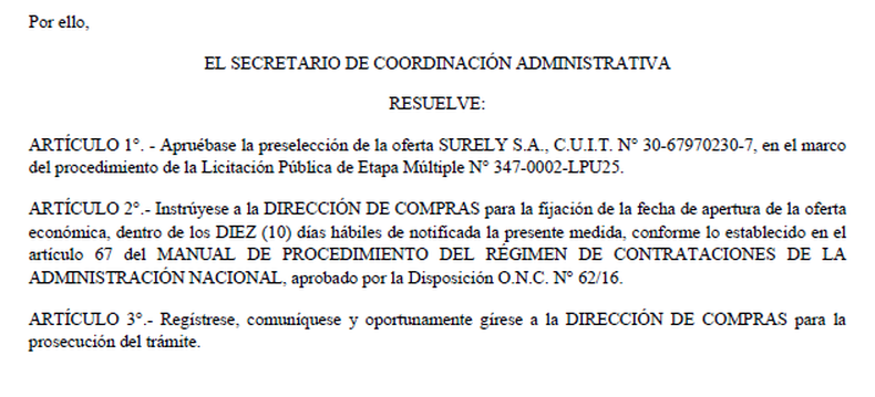 Siracusa, funcionario de Patricia Bullrich, firmó la preselección el lunes. La licitación se lanzó en enero. 