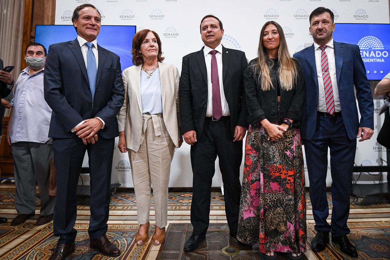 Los cinco integrantes del bloque Unidad Federal: Espínola, Vigo, Snopek, Cattalfamo y Kueider, que le explicó a Cristina Fernández que dejaba el espacio por sus diferencias con el Gobierno.