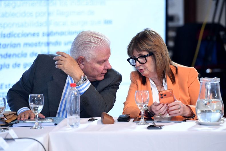 Patricia Bullrich y el senador Agustín Monteverde, durante el debate del Presupuesto en el Senado.&nbsp;