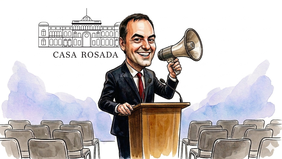 Manuel Adorni, solo en la sala de prensa de la Casa Rosada (imagen generada con inteligencia artificial).