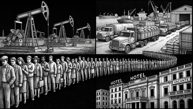 El desempleo avanza en el país de Vaca Muerta y la supercosecha (imagen generada con IA).