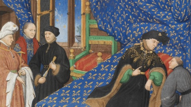 Detalle de miniatura de Carlos VI de Francia. Maître de la Couronne (anónimo). Bibliothèque nationale de France (París).