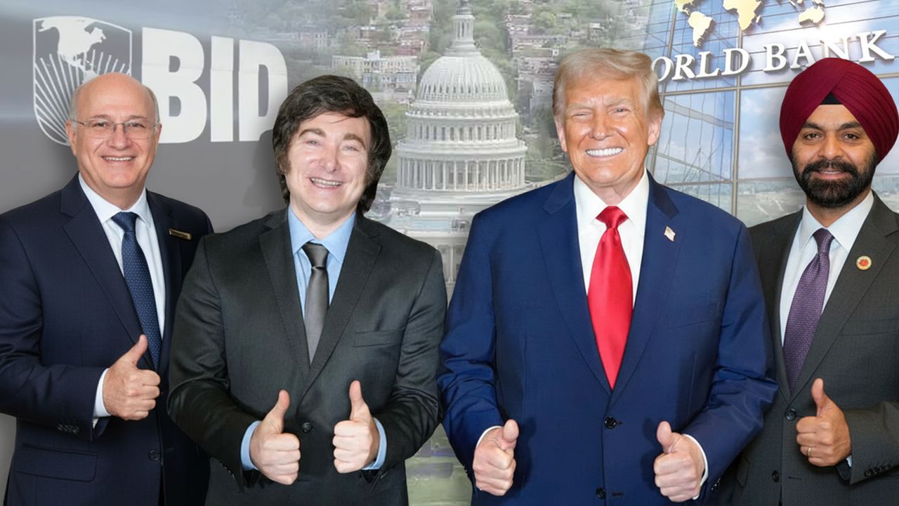 Ilan Goldfajn (BID), Javier Milei, Donald Trump y Ajai Banga (Banco Mundial) / Foto generada con IA.