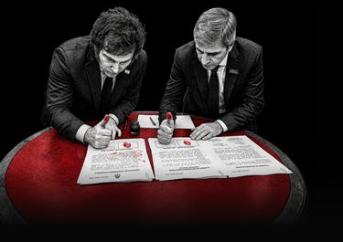 Javier Milei y Toto Caputo firman las garantías para el Círculo Rojo (imagen generada con IA).