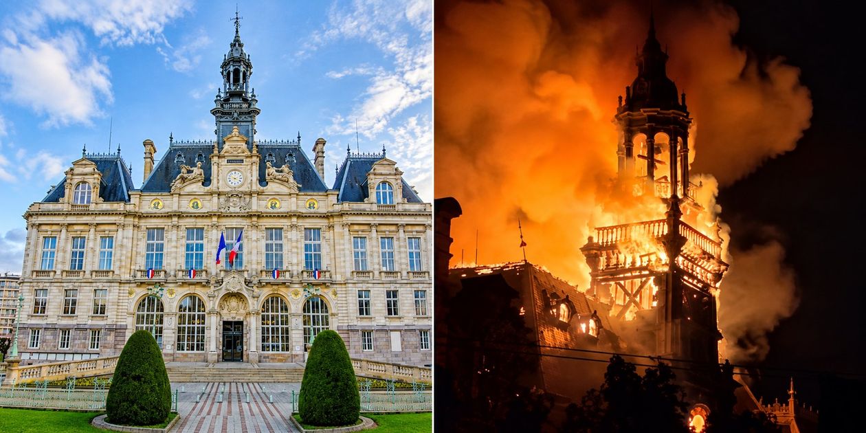 El Ayuntamiento de la ciudad francesa de Limoges, un edificio construido en 1883 y declarado monumento histórico en 1975, antes y después de que un incendio provocado lo devorara y terminara por hacer colapsar su campanario.