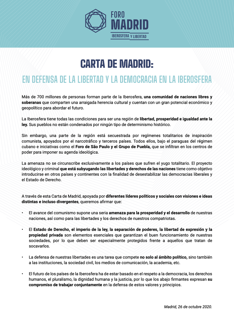 La Carta de Madrid, manifiesto fundacional del Foro que recibe Javier Milei en Buenos Aires.