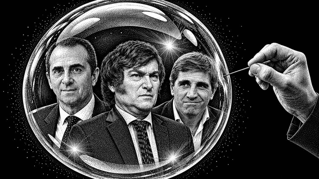 Javier Milei, Toto Caputo y Julio Cordero en una burbuja (imagen generada con IA).