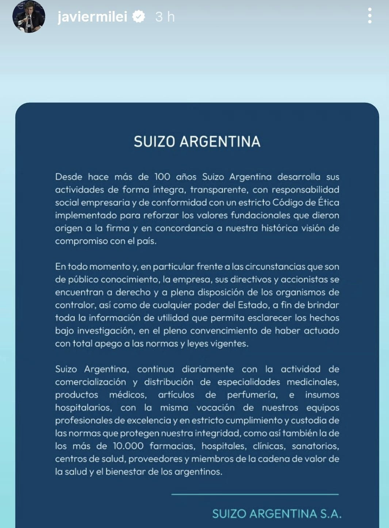 Javier Milei reposteó en Instagram el comunicado de la drogería Suizo Argentina, comprometida en el escándalo de las coimas.