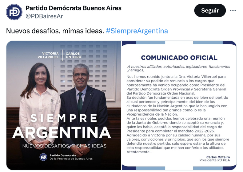El Partido Demócrata comunica la renuncia de Victoria Villarruel a la conducción de la fuerza.