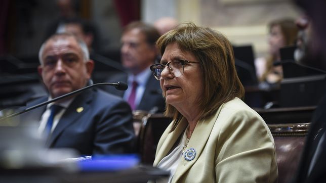 Patricia Bullrich durante el debate del Presupuesto que festejó el Gobierno. De fondo la mira Luis Juez.&nbsp; 