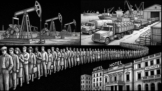 El desempleo avanza en el país de Vaca Muerta y la supercosecha (imagen generada con IA).