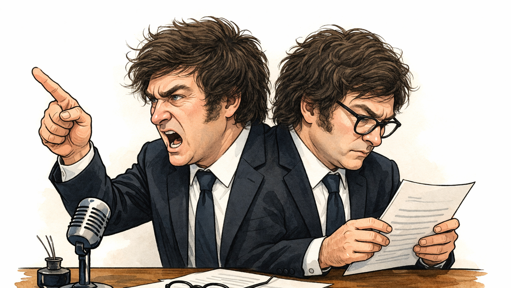 Las dos caras de Javier Milei: la furia y el guion (imagen generada con inteligencia artificial).