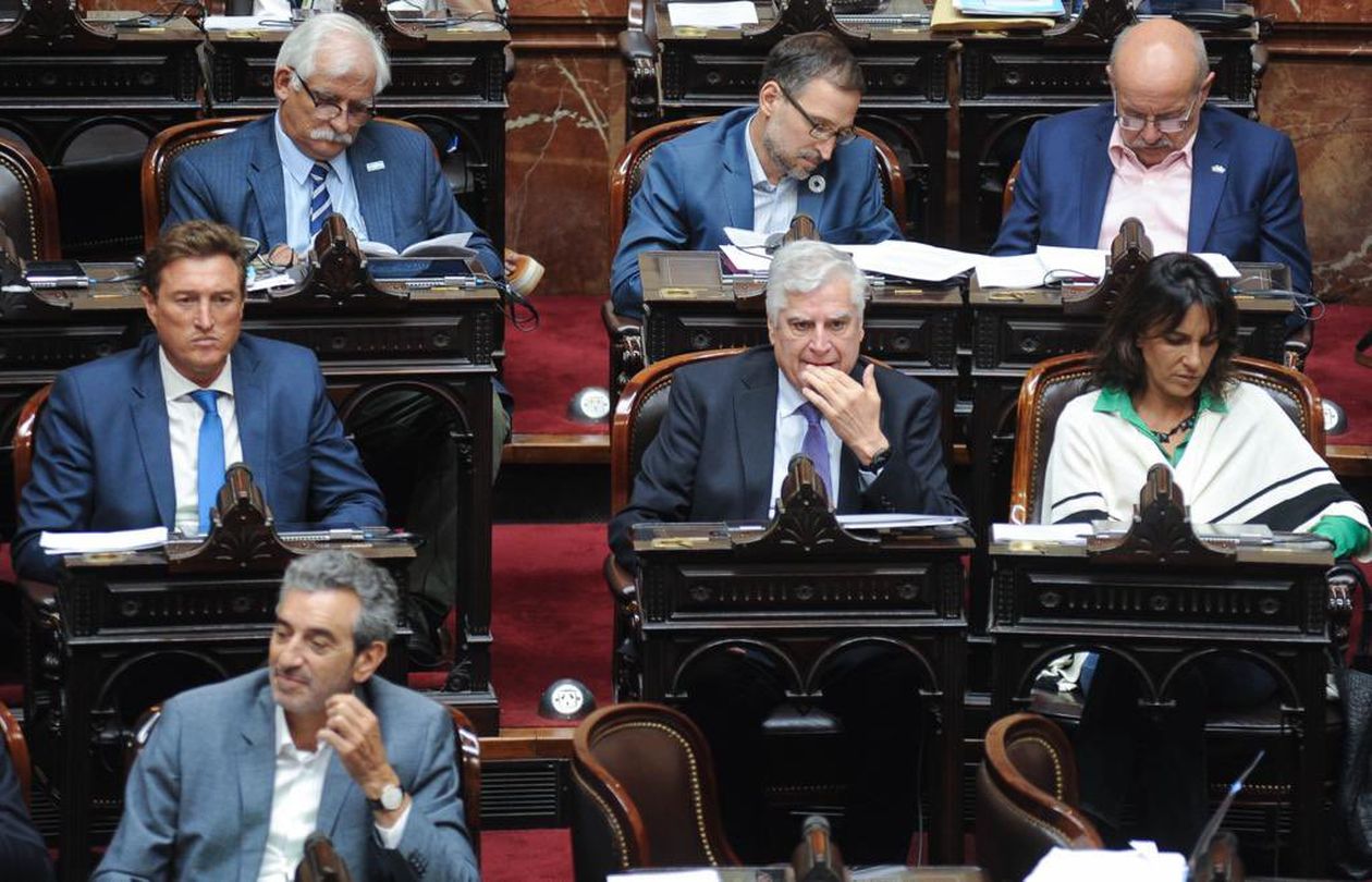 Ignacio García Aresca, Carlos Gutiérrez y Natalia de la Sota, en sus bancas en el Congreso de la Nación.&nbsp;