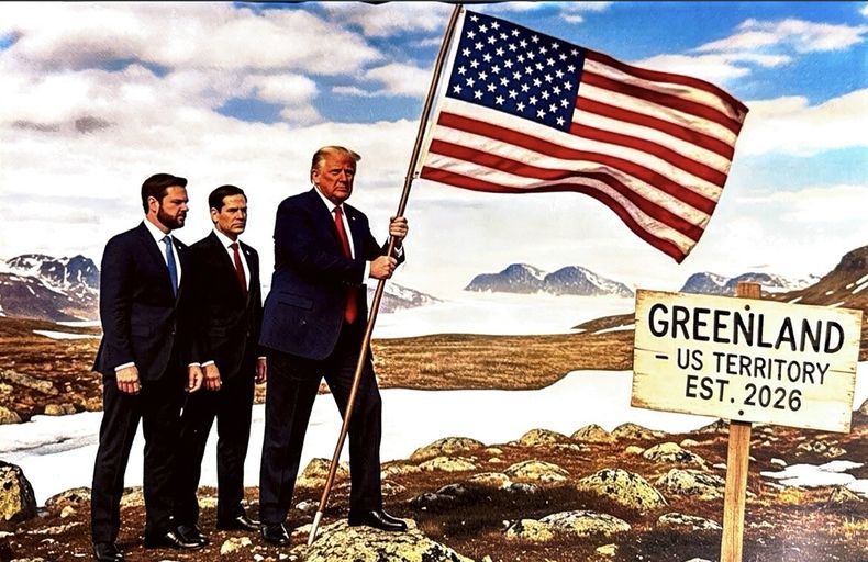 Escoltado por el vicepresidente J. D. Vance y por el canciller Marco Rubio, Donald Trump coloca la bandera estadounidense en Groenlandia, según un montaje publicado en las redes sociales por el presidente y por las cuentas oficiales de la Casa Blanca.